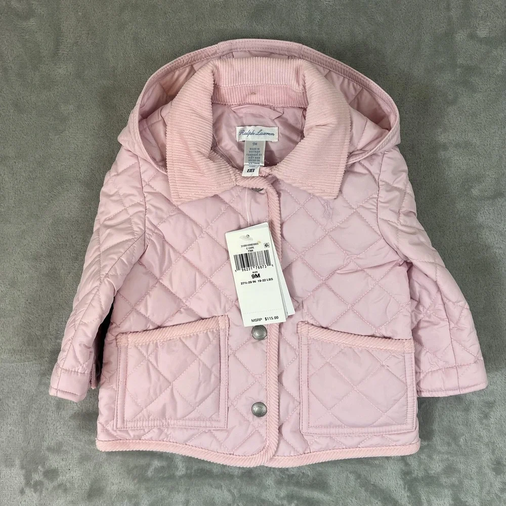 Ralph Lauren Jacket Girls 9M Pink Quilted Hooded Corduroy Collar Snap Pockets